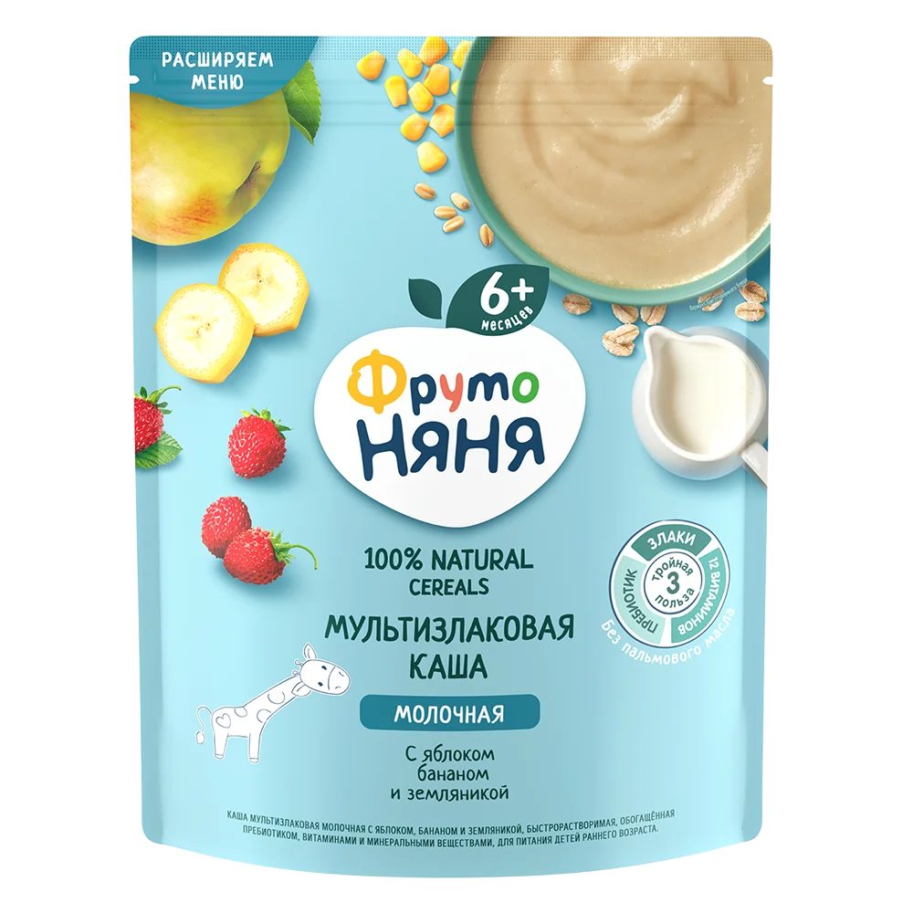 Фруто Няня каша мультизлаковая молочная с яблоком, бананом, землчникой 6 мес. 200г    -,