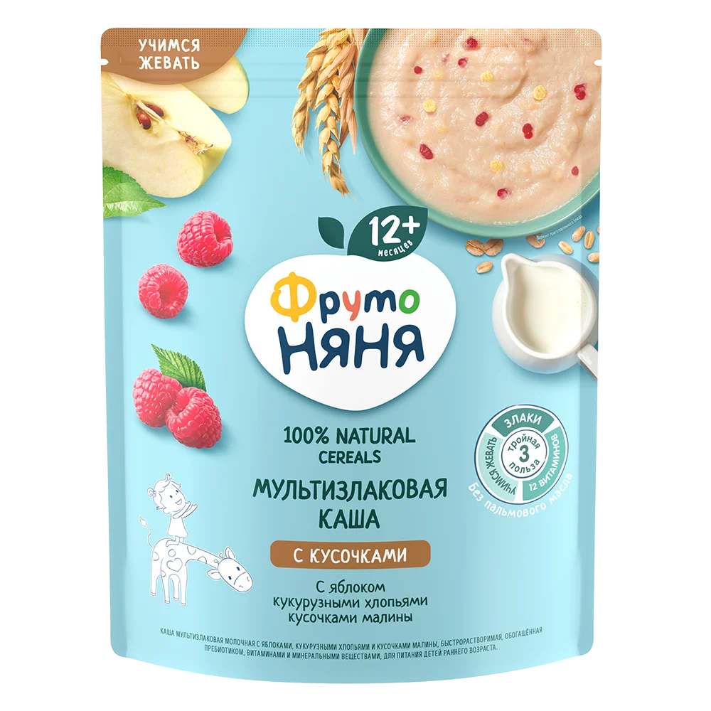 Фруто Няня каша мультизлаковая с кусочками яблоками,малины 12 мес. 200г     -,